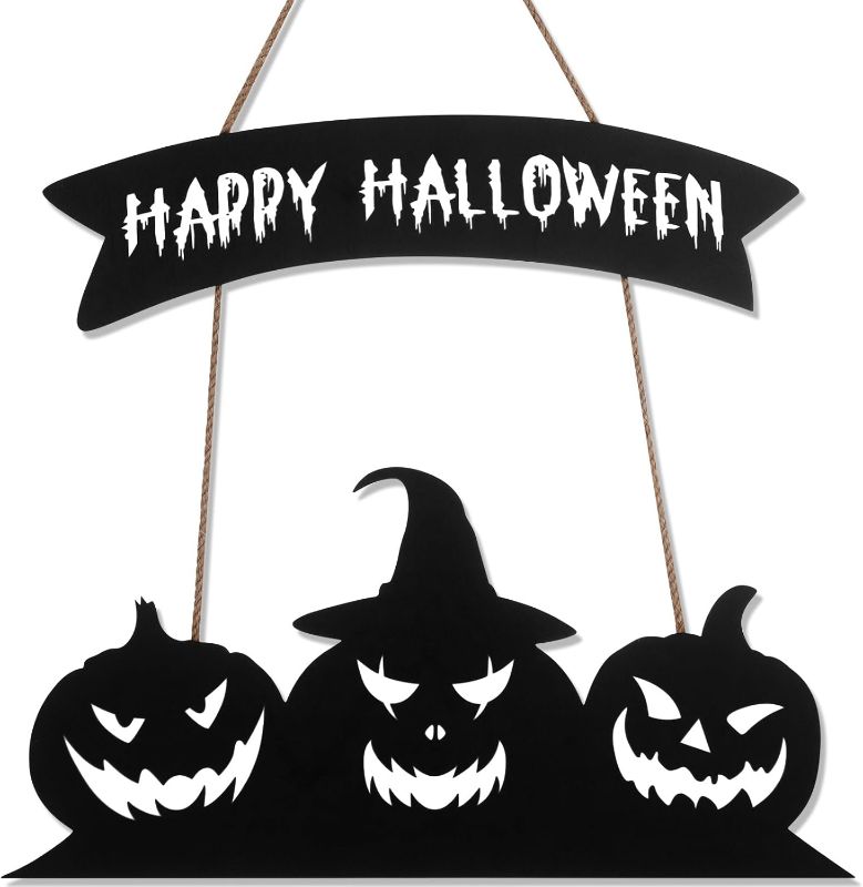 Photo 1 of 15.7 x 7.5 Inch Halloween Pumpkin Door Sign 13.8 x 3.9 Inch Happy Halloween Wooden Hanging Sign for Front Door Wood Door Hanger Sign for Indoor Outdoor Halloween Porch Decorations