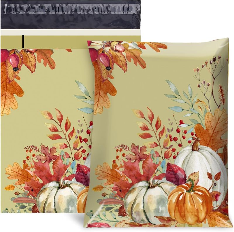 Photo 1 of 100Pcs Fall Poly Mailers 10 x 13 Inch Watercolor Autumn Pumpkin Packaging Bags Self Seal Mailing Envelope Bags for Harvest Thanksgiving Small Business Clothing Gift
