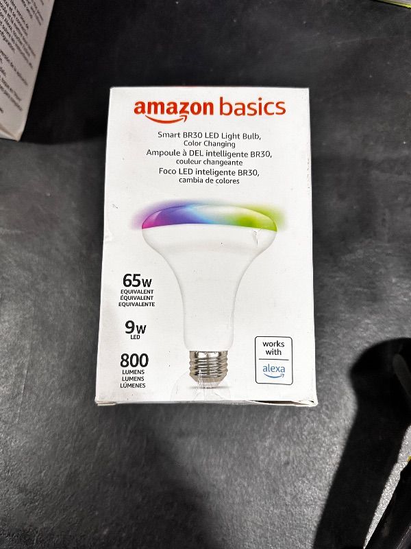 Photo 2 of Amazon Basics Smart BR30 LED Light Bulb, Color Changing, 60W Equivalent, 800LM, Works with Alexa Only, 2.4 GHz Wi-Fi, No Hub Required, 1-Pack