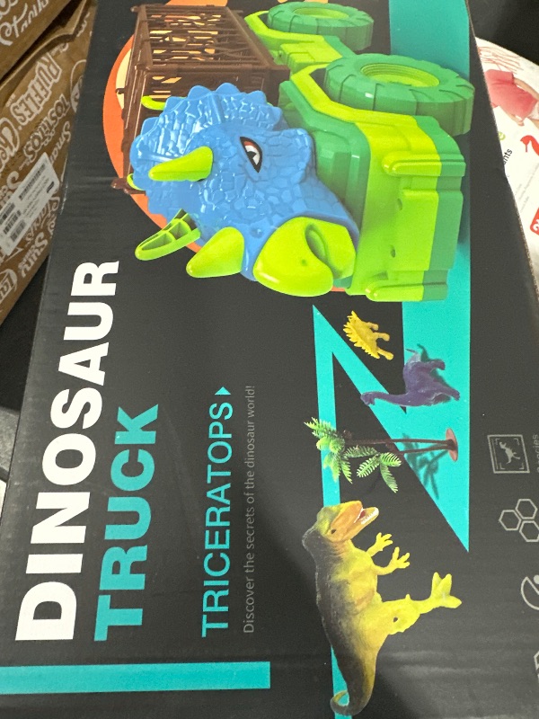 Photo 2 of TEMI Dinosaur Truck Toy for Kids 3-5 Years, Triceratops Transport Car Carrier with 8 Dino Figures, Activity Play Mat, Dino Eggs and Trees, Capture Jurassic Dinosaurs Play Set for Boys and Girls