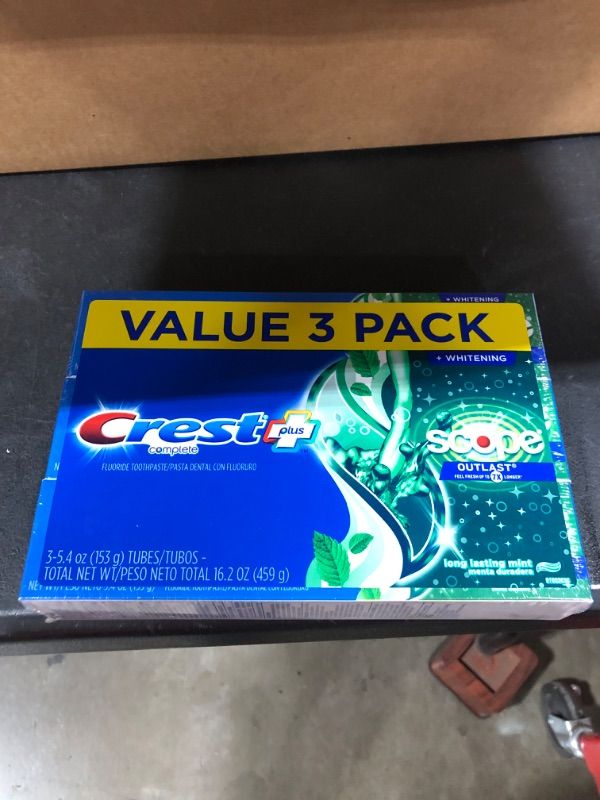 Photo 1 of Crest Complete Whitening + Scope, Long Lasting Mint Toothpaste, Triple Pack (3 Count of 5.4 oz Tubes), 16.2 oz 1.01 Pound (Pack of 1)