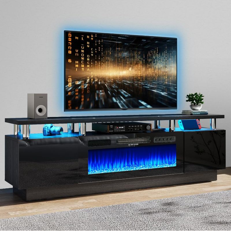 Photo 1 of 13.8"D x 70"W x 23.4"H - oneinmil 70" Modern Electric Fireplace TV Stand for TVs Up to 80 inch, with Electronic Flame and LED Lights, Luxury High Gloss Finish Entertainment Center, TV Console Cabinet for Living Room, Black. PARTS ONLY. BROKEN/MISSING PIEC