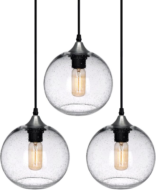 Photo 1 of ARIAMOTION Pendant Lights Kitchen Island 3 Pack Hand Blown Glass Modern Farmhouse Lighting Clear Seeded Bubbles Dining Room Table Coffee Bar Counter Brushed Nickel Globe Shape 7.5 Inch Diam
