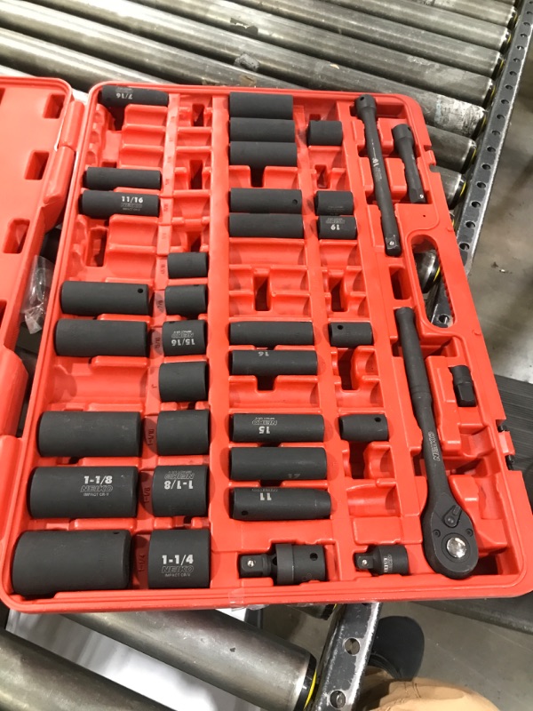 Photo 1 of **MISSING PARTS** 29 PIECES NEIKO 02448A 1/2" Drive Master Impact Socket Set, 65 Piece, Standard SAE (3/8"-1-1/4") & Metric (10-24 mm) Sizes, Deep & Shallow Kit, Includes Adapters & Ratchet Handle. PARTIAL SET MISSING PARTS
