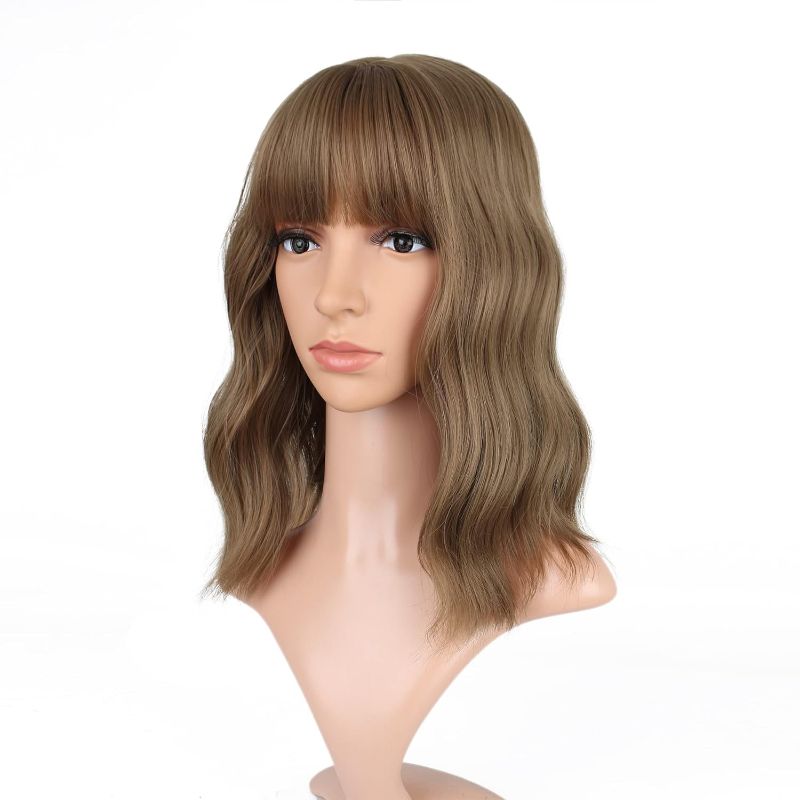 Photo 1 of VCKOVCKO Light Brown Curly Bob Wig With Air Bangs Natural Curly Wavy Short Bob Wigs Women's Shoulder Length Wigs Synthetic Cosplay for Girl Colorful Wigs(12",Light Brown)

