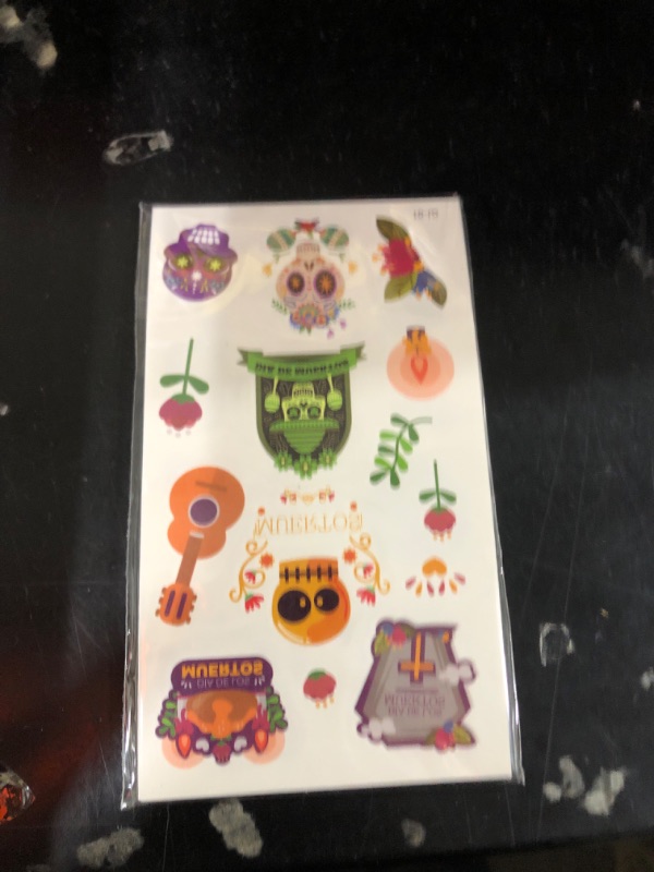 Photo 2 of 10 Sheets 100 PCS Mexican Day Of The Dead Temporary Tattoos for Kids Halloween Cute Face Fake Tattoo Stickers Makeup Accessories Boy Girls Fiesta Sugar Skull Skeleton Cactus Dia de Los Party Favor