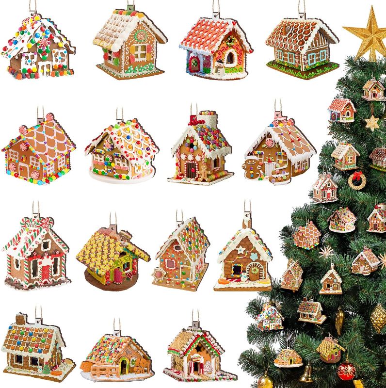 Photo 1 of 60 Pcs Christmas Gingerbread House Ornament Wooden Christmas Tree Hanging Ornaments Gingerbread House with Ribbons Wood House Pendants for Xmas Party Favor (Candy Style)
