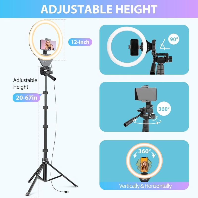 Photo 1 of Sensyne 12-inch Ring Light with 67-inch Selfie Stick, Tripod and Phone Holder, Selfie Remote Control Circle Light for Live Stream/Video Recording/TikTok, Compatible with All Phones and Cameras
