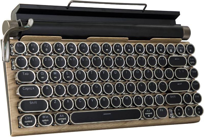 Photo 1 of Adventurers Typewriter-Style Retro Mechanical Keyboard LED Backlight 83 Keys Bluetooth 5.0 Blue Axis Wood Color Panel Compatible with iOS/Android/Windows/Vista/Linux/Mac Office/Gaming, 12.8x6.6x1.6in 