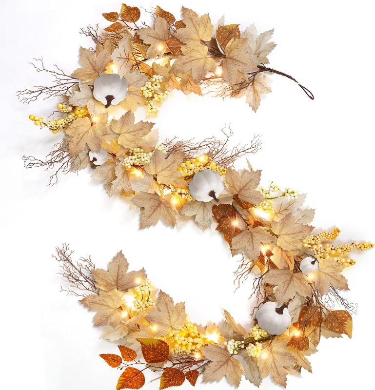 Photo 1 of [ Timer ] Fall Thanksgiving Decor - Fall Garland with Lights - 6Ft Maple Leafed Thanksgiving Garland Decorations for Home Battery Operated Garland Pumpkins Berries Indoor Party Fireplace Wedding
