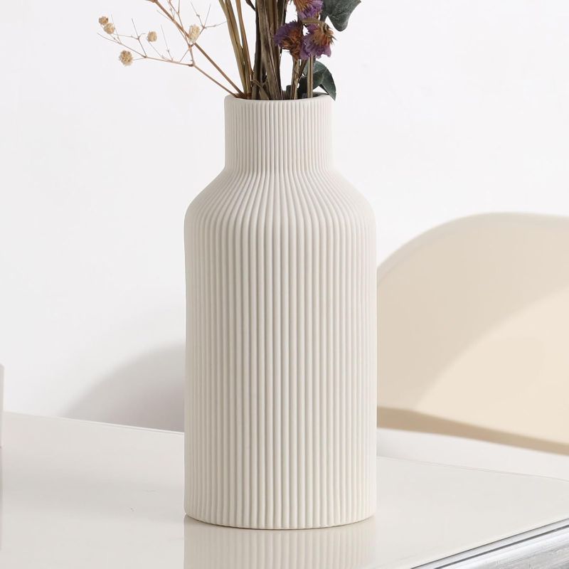 Photo 1 of White Ceramic Flower Vase, Minimalist Modern Home Decor, Small Pampas Grass Vases for Table, Shelf Bookshelf, Mantel, Entryway and Centerpieces (8 in) 