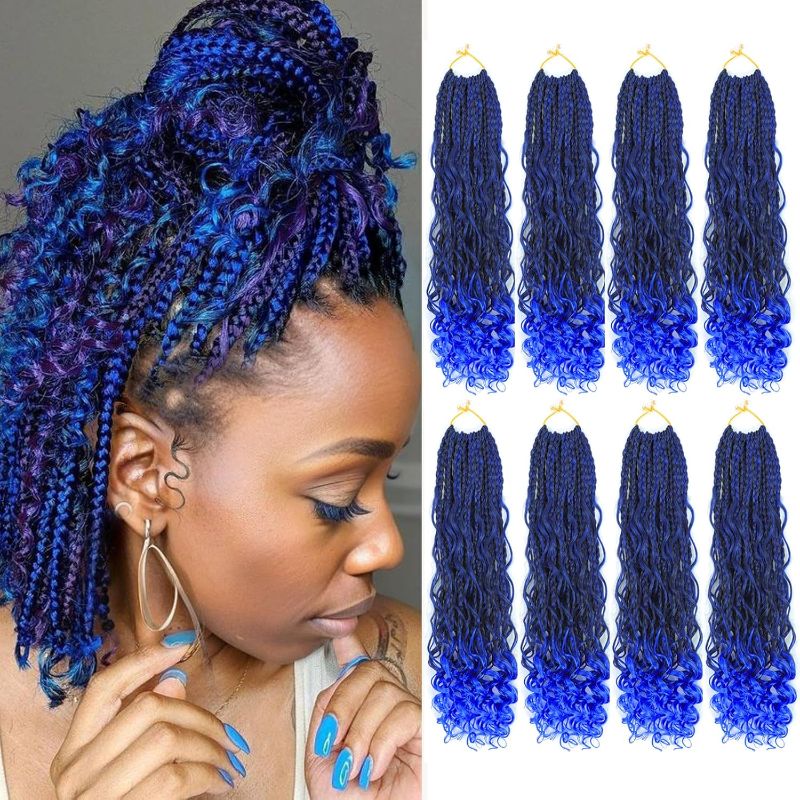 Photo 1 of 8 Packs Blue Boho Box Braids Crochet Hair 12 inch Pre-looped Crochet Box Braid Synthetic Braiding Hair with Curly Ends Goddess Box Braids Crochet Hair Extensions for Women(12" 8 Packs, T1B/Blue#)
