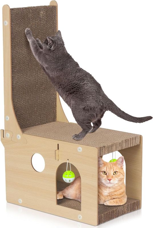 Photo 1 of HOMBYS L Shape Cat Scratcher with Cat House 2-in-1 Multifunctional Cat Scratchers for Indoor Cats, Protecting Furniture Cat Scratch Pad, Cardboard Cat Scratching with Ball Toy,Playing & Sleeping