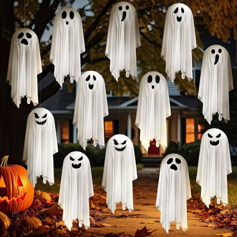 Photo 1 of 12 Pack Halloween Ghost Decorations Outdoor 23.6" Hanging White Ghost Decor Spooky Flying Ghost Halloween Tree Decor Cute Hanging Ghosts for Halloween Party Decor Front Porch Yard Garden