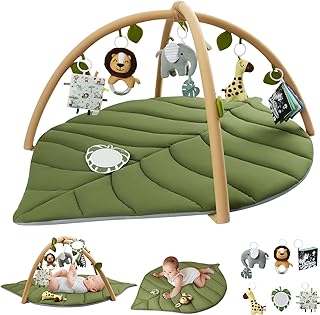 Photo 1 of Blissful Diary Baby Play Gym & Activity Mat, Oversize Leaf Shaped Baby Play Mat w 6 Detachable Toys, Tummy Time Mat Promote Motor Skills & Sensory Development Mat, Newborn Infant Baby Essentials Gift