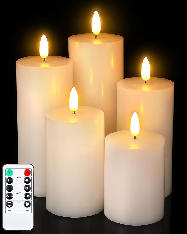 Photo 1 of 5 Pack White Flat Top Flameless Candles with Remote and Timer Wax Flickering White LED Candles Fake 3D Wick Battery Pillar Candles for Wedding Festival Decor, D 3, H 4 5 6 7 8
