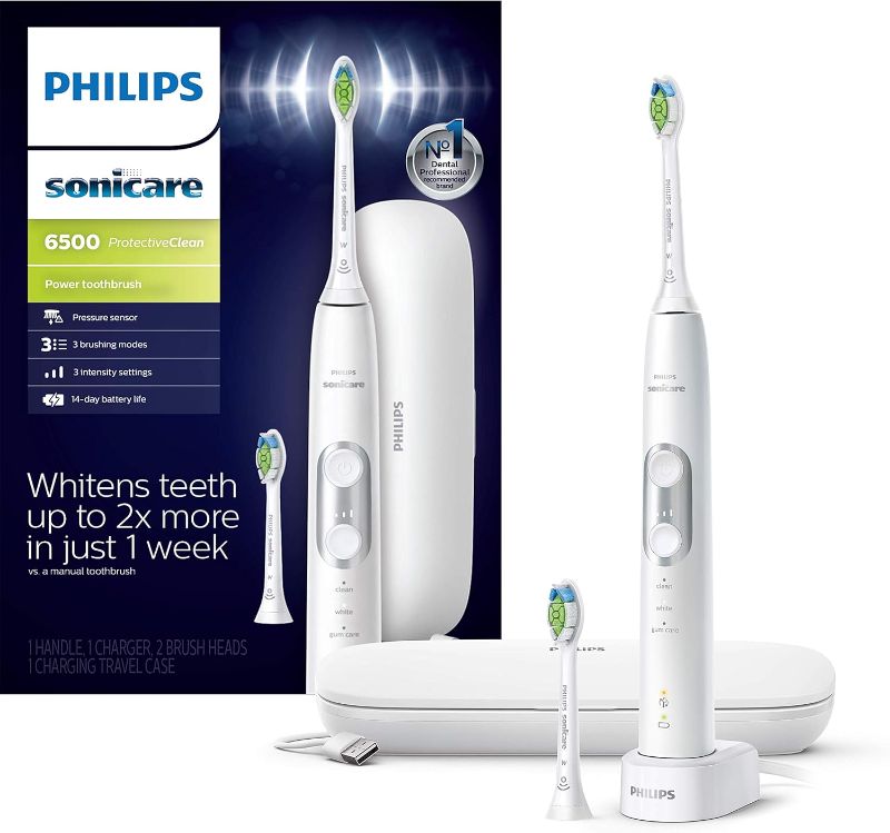 Photo 1 of PHILIPS Sonicare ProtectiveClean 6500 Rechargeable Electric Power Toothbrush with Charging Travel Case and Extra Brush Head, White, HX6462/05