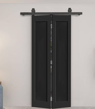 Photo 1 of  26 x 80 inch1-Panel Shaker Hollow Core Black Composite Bi-Fold Door with Sliding Barn Door 


