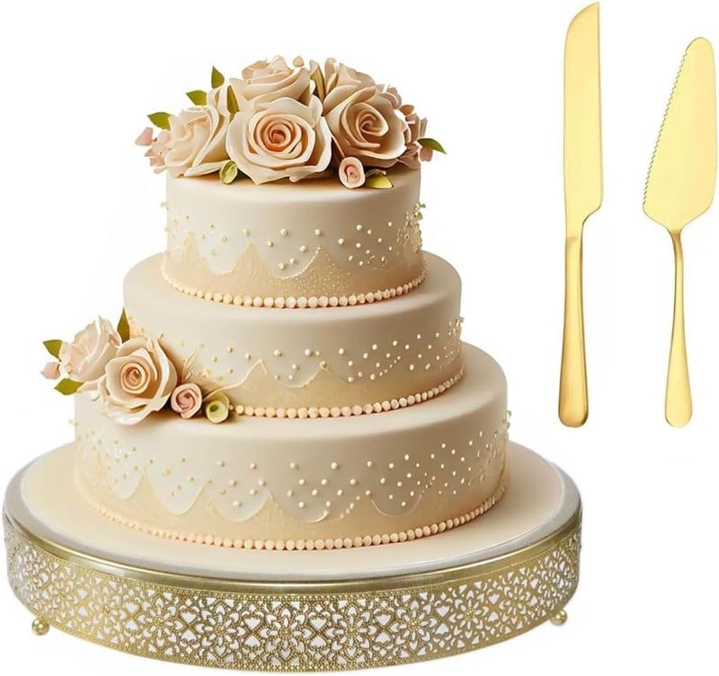 Photo 1 of 16'' Cake Stand with Stainless Steel Cake Knife & Server Metal Round Cupcake Dessert Stand Cake Holder Cookies Fruit Serving Tray Decor for Wedding Party Birthday Baby Showers Anniversary,Gold