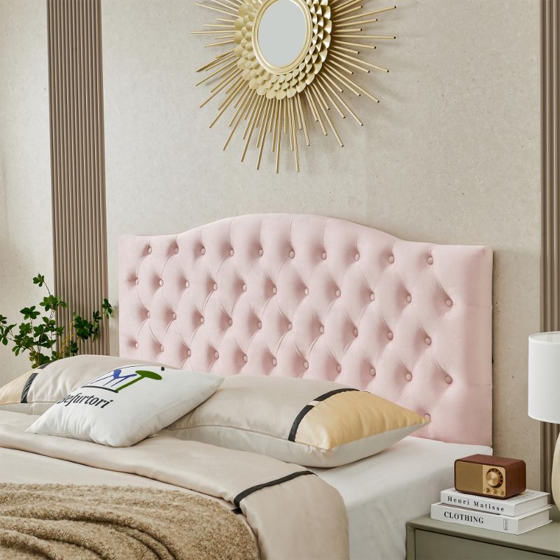 Photo 1 of Befurtori Velvet Upholstered Queen/Full Headboard, Tufted Button Headboard for Queen/Full Bed, Curved Integrated Design with Tufted Solid Wood Head Board and Luxury Soft Padded, Pink