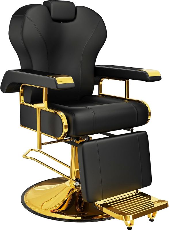 Photo 1 of Baasha Professional Reclining Salon Chair with Adjustable Backrest, Elegant Black Gold Barber Chair with Heavy Duty Steel Frame & Removable Headrest, 360 Swivel, Weight Capacity Up to 440 lbs
