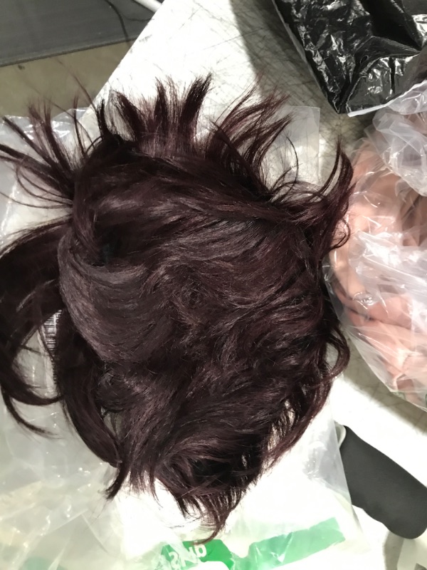 Photo 2 of ISHINE Short Human Hair Wigs with Bangs, Pixie Cut Wig Burgundy Color Wigs, Cute Brazilian Dark Wine Red Layered Wavy Wigs for Black Women 6 inch (Burgundy Mixed Black)