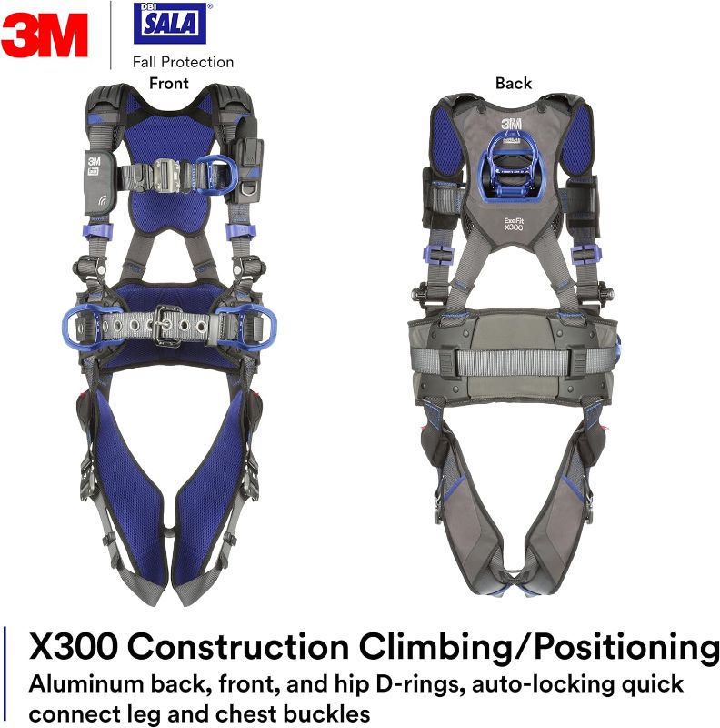 Photo 1 of 3M 1113160 DBI-SALA ExoFit X300 Comfort Construction Climbing Positioning Safety Harness Fall Protection, Aluminum Back, Front, Hip D-Rings, Auto-Locking Quick Connect Leg and Chest Buckles, X-Large
