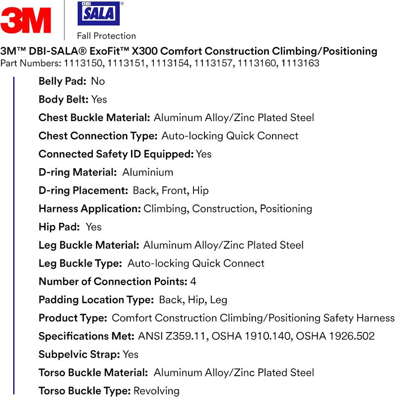 Photo 3 of 3M 1113160 DBI-SALA ExoFit X300 Comfort Construction Climbing Positioning Safety Harness Fall Protection, Aluminum Back, Front, Hip D-Rings, Auto-Locking Quick Connect Leg and Chest Buckles, X-Large
