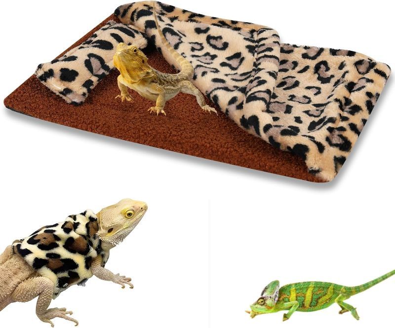 Photo 1 of Bearded Dragon Sleeping Bed with Pillow and Blanket, Beardie Leopard Print Sleeping Bag with Beardie's Leopard Pattern Coat ,Soft Warm Hide Hideout Terrariums Shelter Tank Accessories for Lizard
