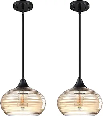 Photo 1 of 2 Pack 1 Light 8.7" Kitchen Island Hanging Pendant Light Farmhouse Dining Amber Twisted Glass Shade Light Fixture,Black Finish for Living Room,Dining Room,Over Sink