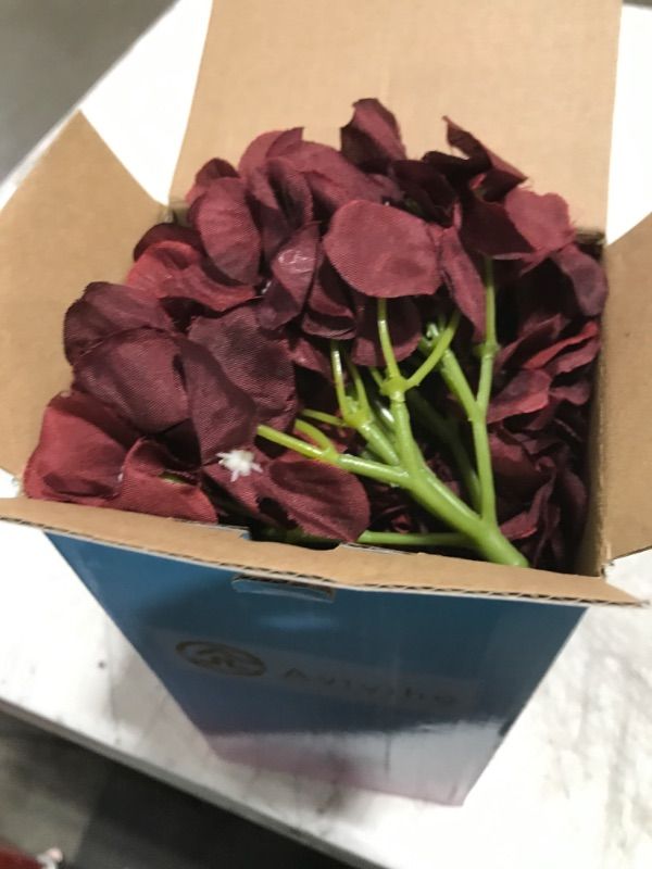 Photo 2 of AVIVIHO Wine Red Artificial Flowers Fake Hydrangeas Pack of 10 Hydrangea Silk Flowers Heads Full Fake Hydrangea Flowers Artificial with Stems for Wedding Home Party Shop Baby Shower Decoration