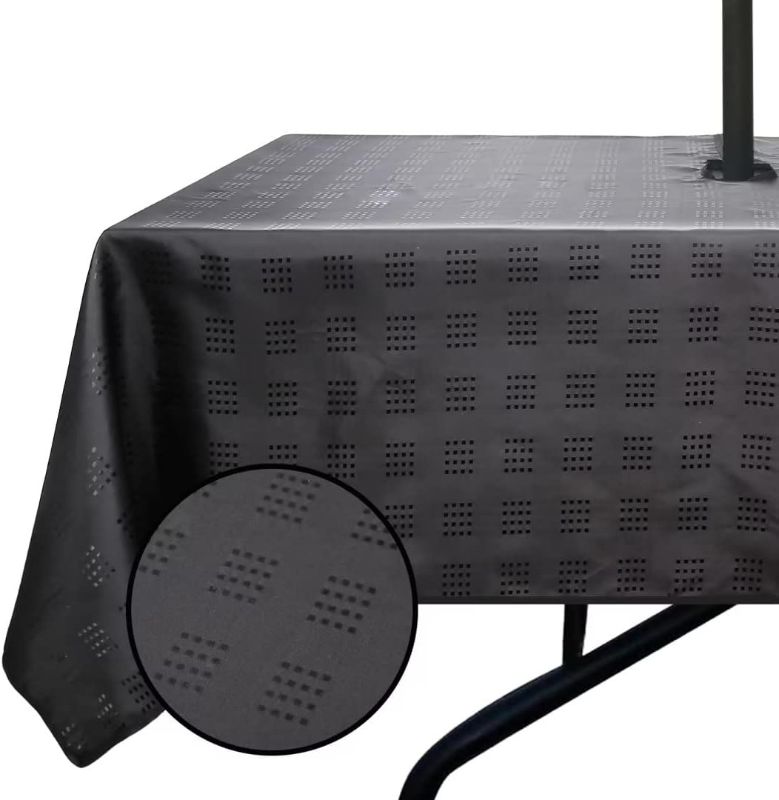 Photo 2 of SpaceDresser Jacquard Rectangle Outdoor Tablecloth with Umbrella Hole, Spillproof and Waterproof Fabric Table Cloth, Washable Wrinkle Free Table Cover for Patio Spring Summer, 60 x 102 Inch Dark Grey