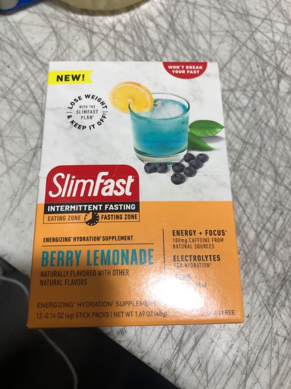 Photo 1 of SlimFast Intermittent Hydration Packets, Intermittent Fasting Electrolytes, Energy Powder Drink Mix, Caffeine from Natural Sources- Berry Lemonade (12 Count)
Exp 12/2024