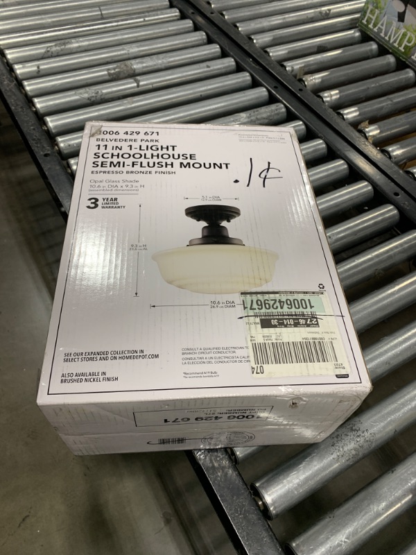 Photo 3 of Belvedere Park 10.625 in. 1-Light Espresso Bronze Schoolhouse Round Semi Flush Mount, Farmhouse Ceiling Light


