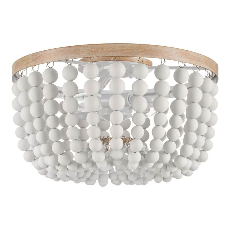 Photo 1 of Cayman 13 in. 2-Light White and Faux Wood Beaded Flush Mount Ceiling Light Fixture with White Beaded Shade
