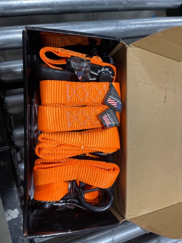 Photo 2 of VULCAN Ratchet Strap Tie Down Kit - 1.6" x 8' - 3X Stronger Than 1" Tie Downs - Orange - (4) Ratchets with Rubber Handles, (4) 8' Straps with Latching S-Hooks, (4) Soft Loop Tie-Down Extensions