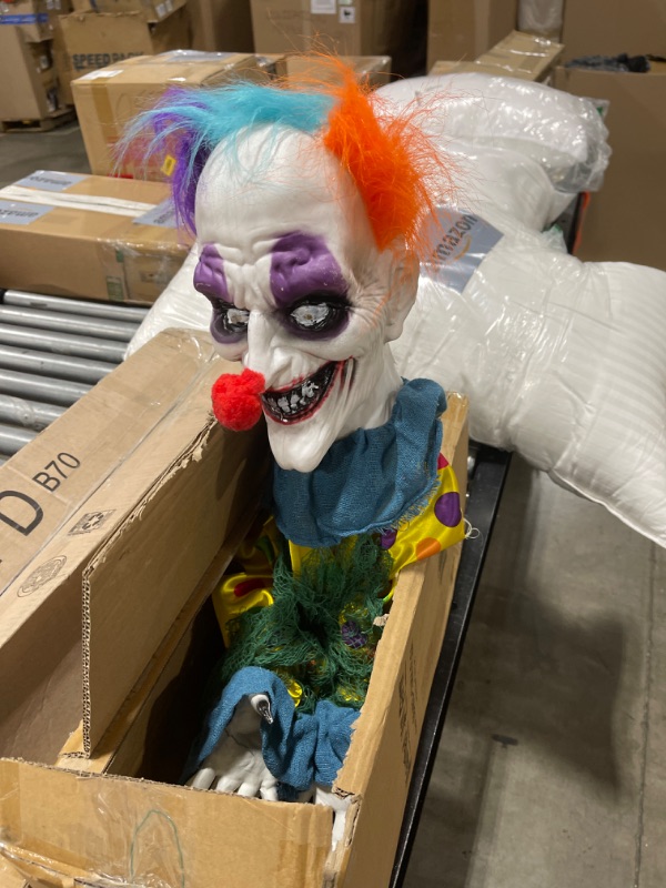 Photo 2 of Haunted Hill Farm Scary Talking Groundbreaker Clown Halloween Animatronic with Touch Activated Lights and Sounds, Battery Operated Indoor or Covered Outdoor Halloween Decorations for Home