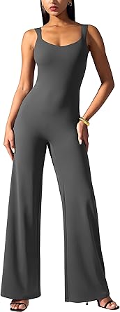 Photo 1 of Vertvie Sleeveless Flare Jumpsuits for Women Sexy Backless Bodycon V Back Scrunch Butt Yoga Rompers Seamless Workout Bodysuit L
