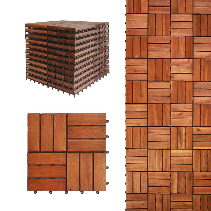 Photo 1 of 10 Pcs Hardwood Interlocking Deck Tiles - Waterproof 12” x 12” Acacia Wood Tiles, Patio Tiles for Indoor and Outdoor, Garden, Roof Terrace Tiles-Checker Pattern Tiles (Walnut-12 Slats)
