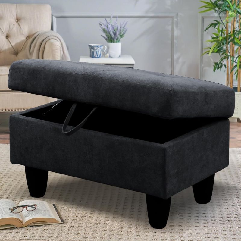 Photo 1 of 28.5'' Ottoman with Storage, Linen Ottoman Foot Rest for Living Room Upholstered Footstool, Perfect Storage Ottoman Bench Bag Floor Chair for Bedroom or Entryway, Black Grey