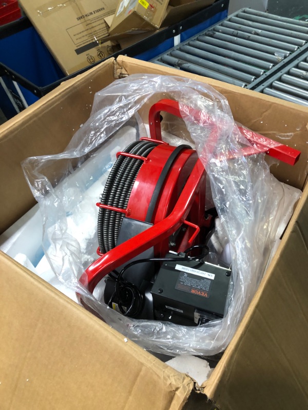 Photo 1 of VEVOR Drain Cleaner Machine 50FT x 3/8 Inch, Sewer Snake Auger Manual Feed, 250W Electric Drain Cleaning Machine with 4 Cutters & Air-activated Foot Switch for 2" to 4" Pipes