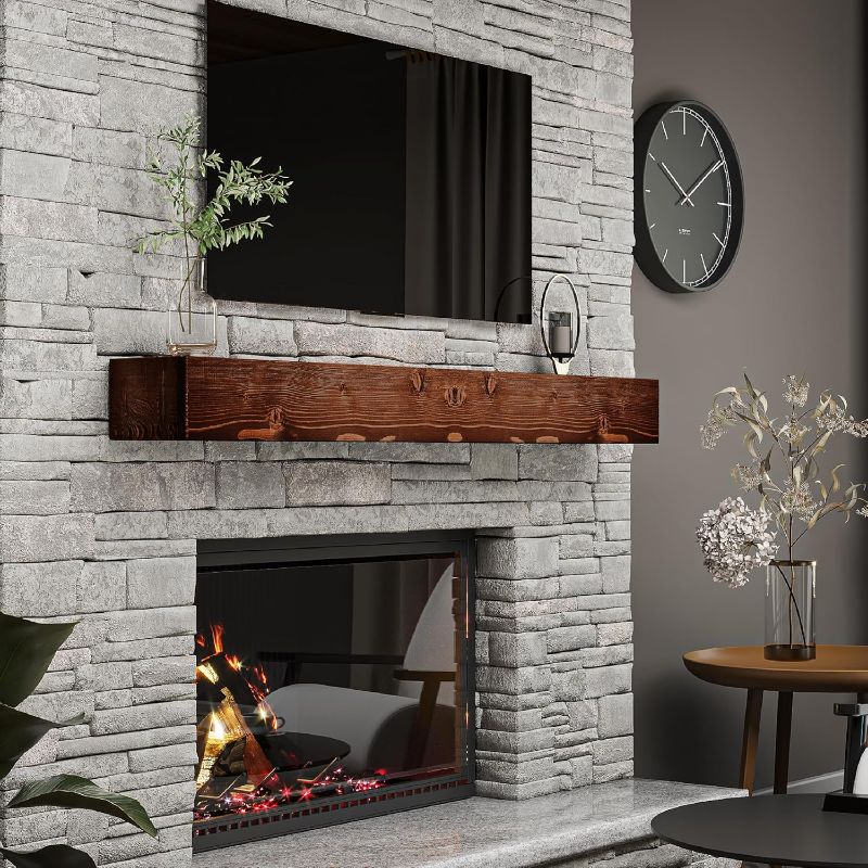 Photo 1 of  *** SIMILAR *** BoscoMondo Rustic Fireplace Mantel Shelf - Pine Wood - Wall Decor, Mounted Farmhouse Shelving (Dark Brown, 72" Extra Thick)