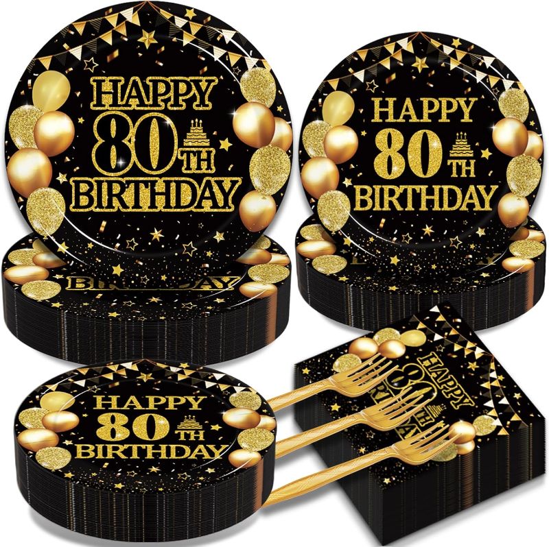 Photo 1 of 80th Birthday Party Tableware Set, Back in 1945 Birthday Party Decorations Supplies for Men Women Cheers to 80 Years Birthday Party Dessert Plates Napkins Forks Favors, Serve 50
