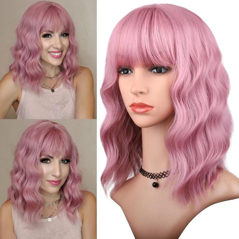 Photo 1 of BERON Pink Wig for Women Short Wave Wig Pink Bob Wig Bubble Pink Wigs Wig Short Curly Wig with Wig Cap