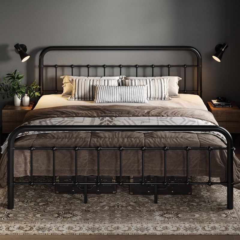 Photo 3 of Allewie King Size Metal Platform Bed Frame with Victorian Style Wrought Iron-Art Headboard/Footboard, No Box Spring Required, Black