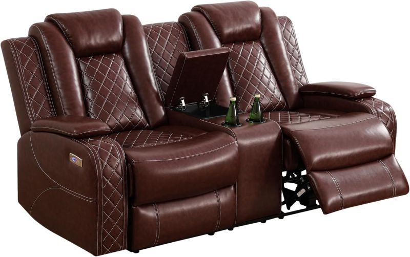 Photo 1 of ***Missing arm rest in the middle*** Multifunction Power Air Leather Recliner Sofa Set with LED Lights, Living Room Furniture, Reclining Sofa, loveseat, Chair with USB Port/Storage (Brown, Loveseat)