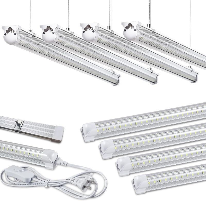 Photo 1 of 4 Pairs 8FT LED Shop Light Garage Light,100W 6000K White Light 15000LM Super Bright,Hanging/Surface Mount,Linkable T8 LED Tube Lights for Garage,Warehouse, Workshop,Plug and Play