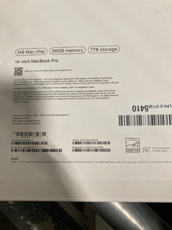 Photo 7 of ***USED****Apple 2024 MacBook Pro Laptop with M4 Max, 14?core CPU, 32?core GPU: Built for Apple Intelligence, 14.2-inch Liquid Retina XDR Display, 36GB Unified Memory, 1TB SSD Storage; Space Black