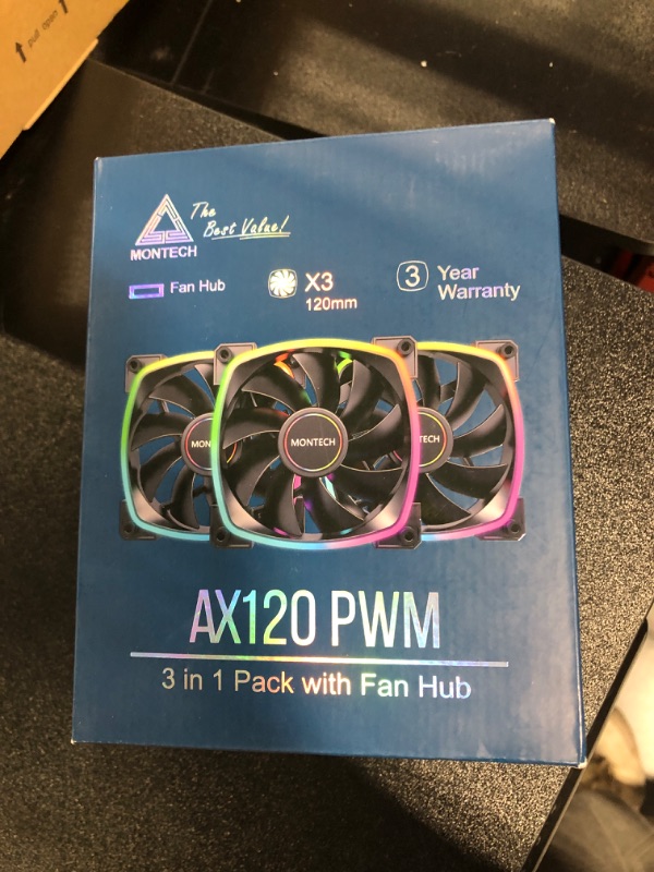 Photo 1 of MONTECH AX 120MM - PWM Fan - Silent Performance - High Speed 1600PWM - High-End Durability with HDB Bearing - Stunning Outer Ring ARGB Lighting Design – 3 in 1 Pack with 6X6 Fan Hub (AX120-3in1-B)