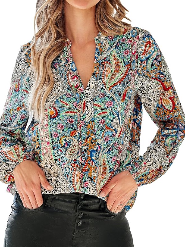 Photo 1 of CUPSHE Women Blouses Paisley Print Peasant Sleeve Top Long Sleeves V Neck Shirts Casual Dressy